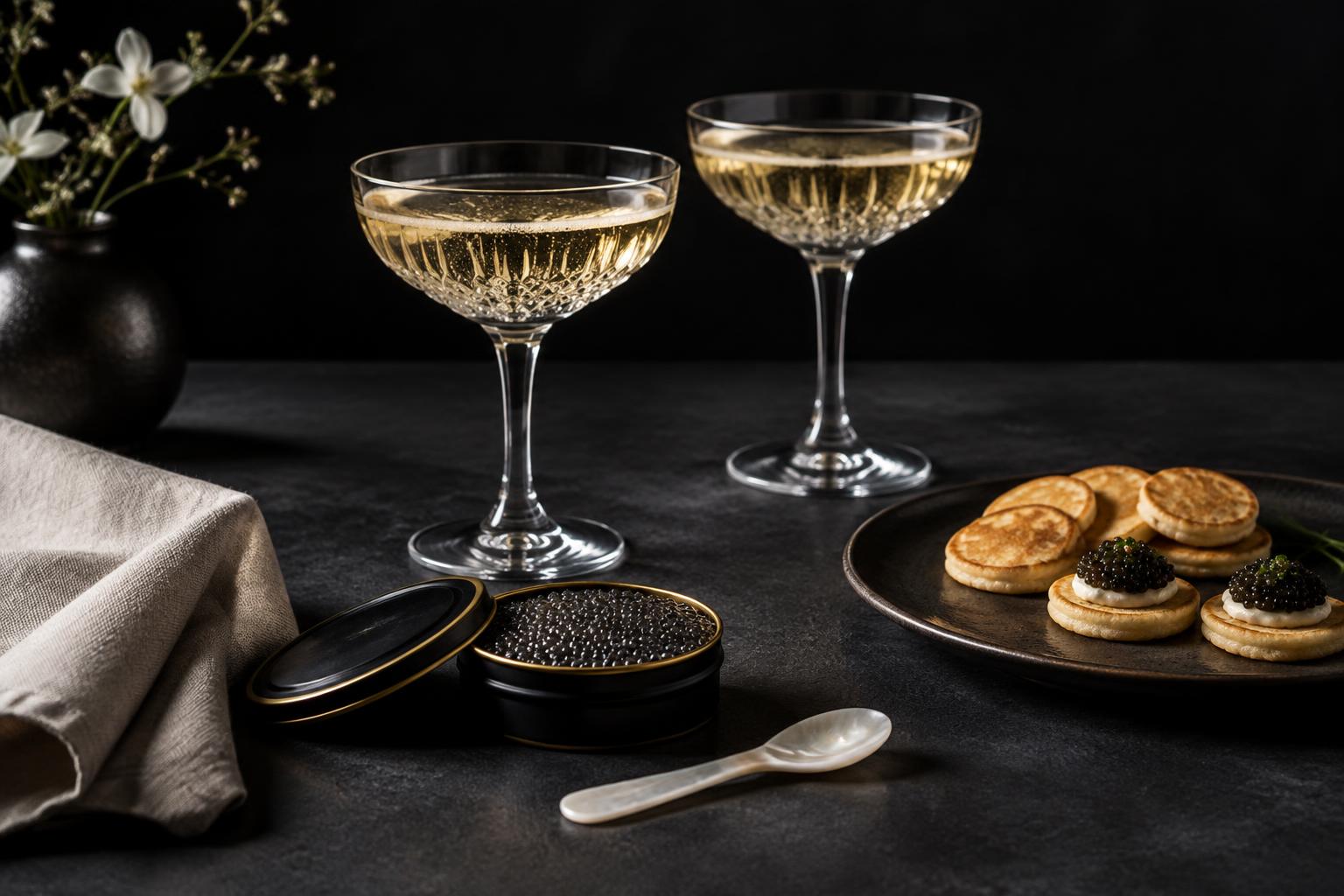 Caviar, Champagne, blinis and a mother-of-pearl spoon