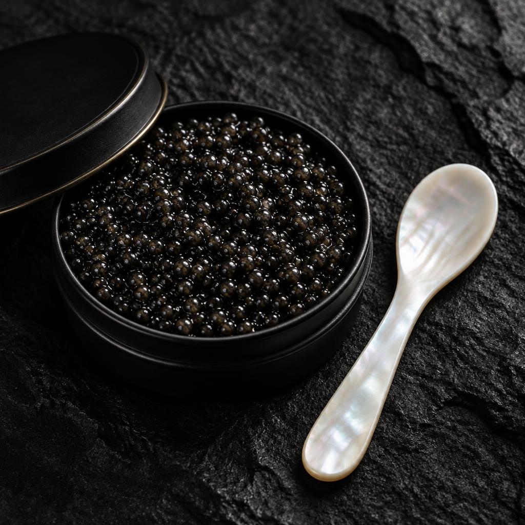 Hand-selected caviar and an iridescent mother-of-pearl spoon